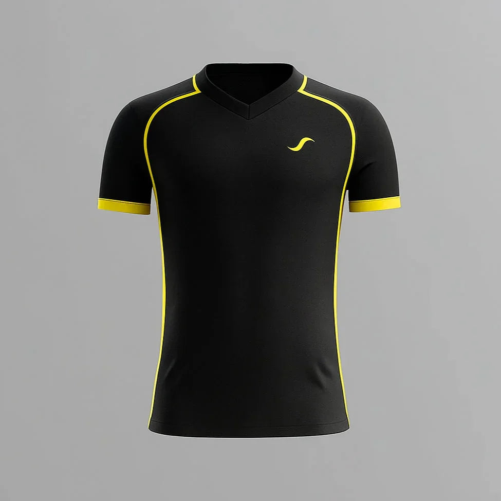 Camiseta de pádel para personalizar, de color negra y amarilla.