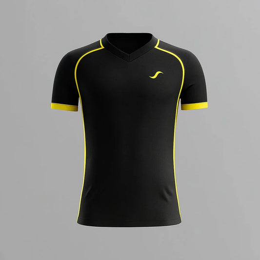 Camiseta de pádel para personalizar, de color negra y amarilla.