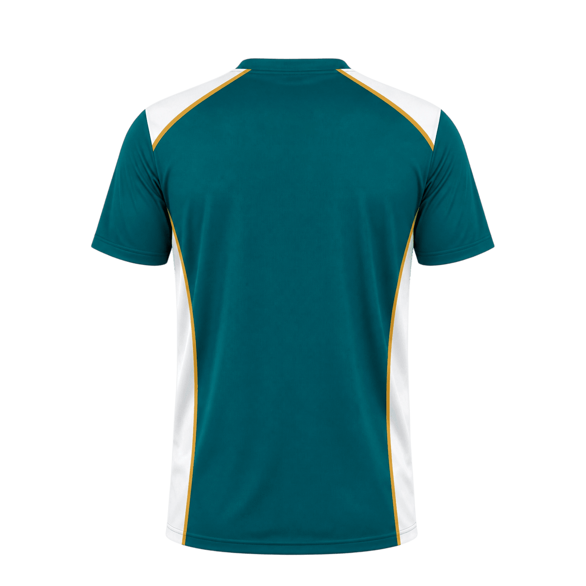 Vista trasera de camiseta de pádel Sarposhop color esmeralda con detalles blancos y amarillos en tejido técnico