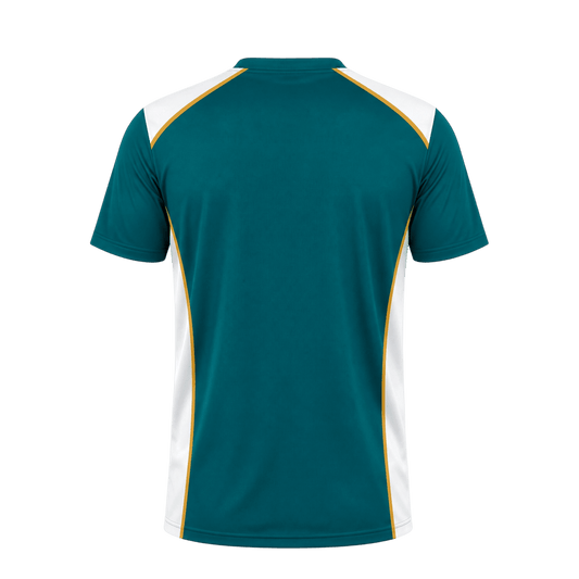 Vista trasera de camiseta de pádel Sarposhop color esmeralda con detalles blancos y amarillos en tejido técnico