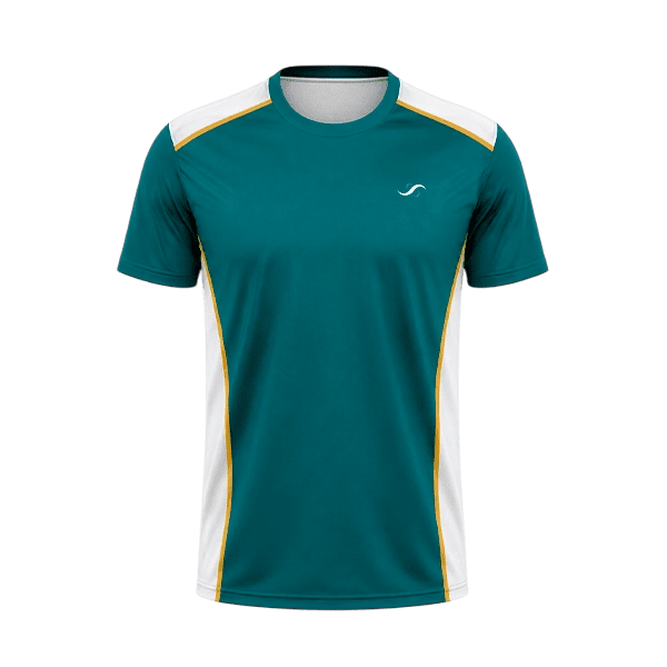 Camiseta de pádel Sarposhop para hombre en color verde esmeralda con detalles blancos y amarillos, tejido técnico.