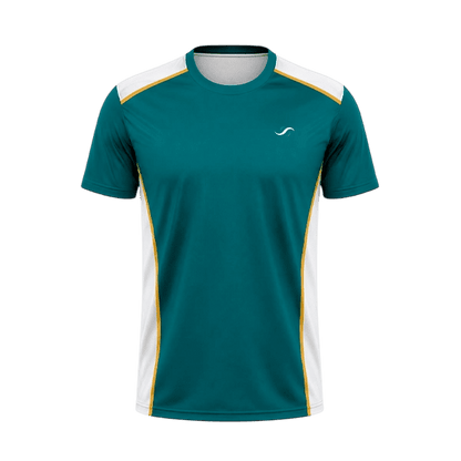 Camiseta de pádel Sarposhop para hombre en color verde esmeralda con detalles blancos y amarillos, tejido técnico.