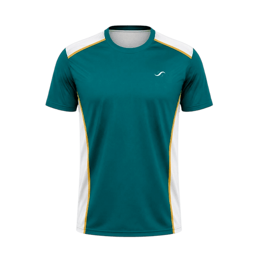 Camiseta de pádel Sarposhop para hombre en color verde esmeralda con detalles blancos y amarillos, tejido técnico.
