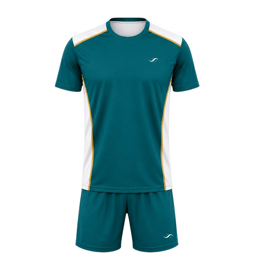 Conjunto de pádel Sarposhop para hombre en color verde esmeralda con detalles en blanco y amarillo, tejido técnico.