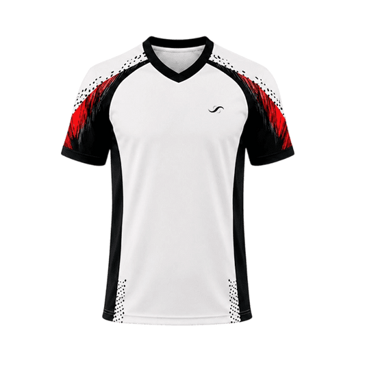Camiseta de pádel Sarposhop Redline blanca con detalles negros y rojos, tejido técnico transpirable y cuello en V