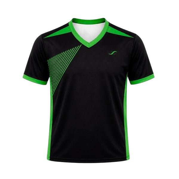 Camiseta de pádel Sarposhop Volt Line negra y verde con cuello en V y tejido técnico transpirable