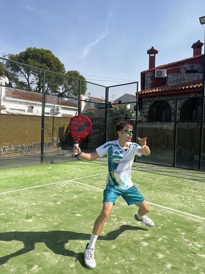 Camiseta de Pádel Blanca y Turquesa Geométrica - Sarposhop