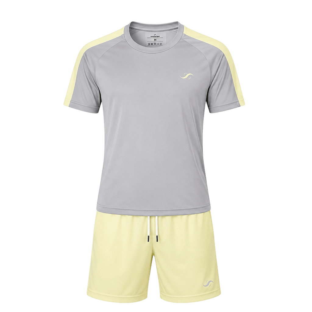 Conjunto de pádel Sarposhop para hombre en color gris y amarillo, camiseta técnica transpirable y pantalón corto