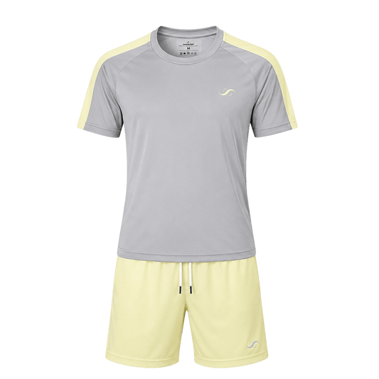 Conjunto de pádel Sarposhop para hombre en color gris y amarillo, camiseta técnica transpirable y pantalón corto