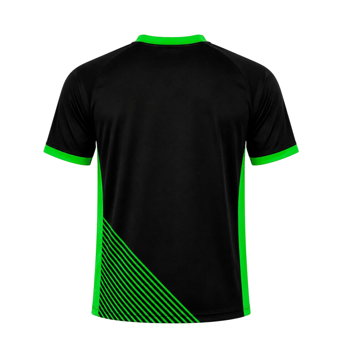 Vista trasera de la camiseta de pádel Sarposhop Volt Line en color negro con detalles en verde neón y rayas
